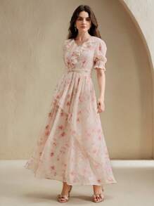 Anewsta Váy dài cao cấp thêu hoa kiểu Pháp thời trang mới cho nữ, đầm dài họa tiết hoa bó sát eo, tôn dáng cho mùa hè - Màu Hồng baby - Xem 4