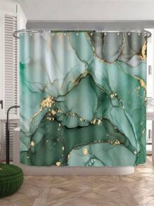SHEIN Conjunto de banheiro de 1/4 peças, cortina de chuveiro impermeável com padrão de mármore verde, conjunto de decoração de banheiro de luxo moderno, acessórios de decoração de banheiro para 4 estações, tapete de banho antiderrapante, tapete em formato de U e tampa de vaso sanitário redonda para todos os cenários. Acessórios de banheiro de verão - Multicolorido - Ver 2