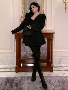 DAZY Women's Elegant Collar Belt Overcoat, Autumn/Winter Jacket - Black - View 9