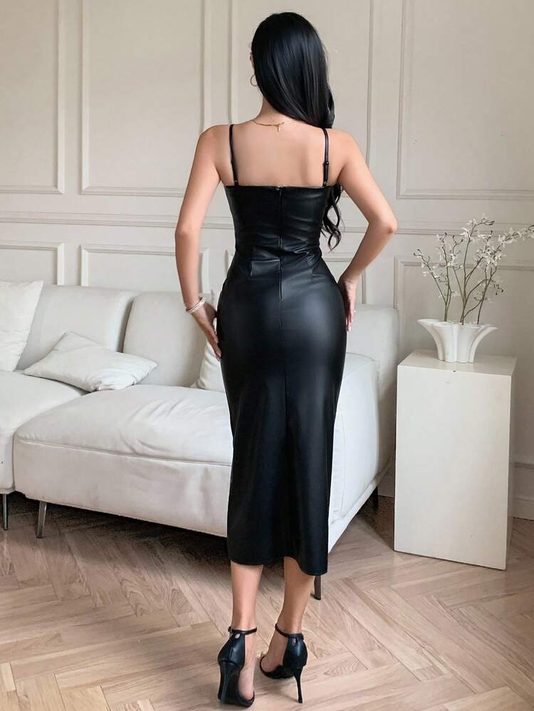 Tall Women's V-Neck Long Side Slit Maxi PU Leather Dress, Elegant Sexy Casual Dress Sundress