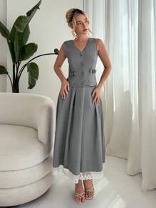 Elenzga Set de 2 piezas Mujer Top de tirantes sólido y falda midi con volantes de encaje, elegante para oficina, casual diaria, graduación/vuelta al colegio