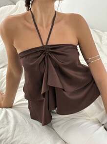 Women's Fashion Solid Color Ruffle Trim Halter Neck Camisole