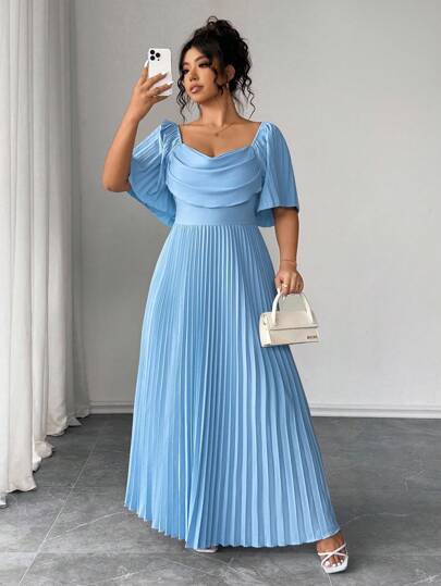 Elenzga Plus Size Elegant Solid Color Pleated Dress, Summer