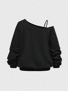 ROMWE Dark Gothic Snake & Plant Print Loose Fit Plus Size Fleece Sweatshirt - Black - View 2