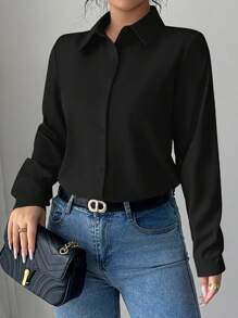 Elenzga Women's Solid Color Long Sleeve Single-Breasted Casual/Work Shirt Fall Cloth For Women - Black - View 3