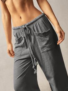 Bohemela 波西米亚风格纯色高腰喇叭腿针织裤，春夏 - 灰色 - 查看 4