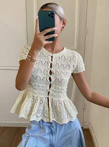 DAZY Suéter de punto casual de cuello redondo de manga corta con ajuste ceñido, dobladillo de encaje de unicolor y parches, para vacaciones, otoño - Beis - Ver 7