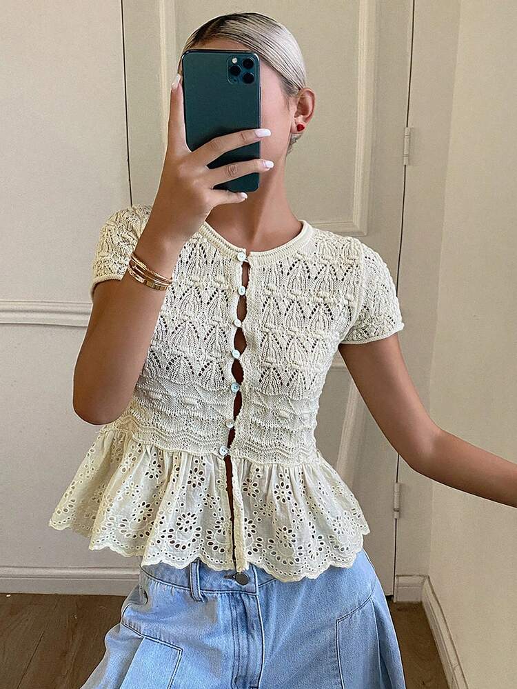 Women's Solid Color Patchwork Lace Hem Fitted Crew Neck Short Sleeve Casual Vacation Knit Sweater, Autumn