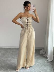 Elenzga 女式夏季休闲条纹抹胸连体裤 - 随机花卉图案 - 卡其色 - 查看 5