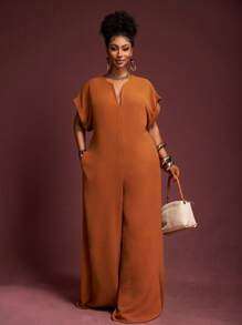 Veslaya Bộ đồ liền thân ống rộng tay ngắn cổ chữ V sâu màu sô cô la phong cách tối giản thanh lịch mới 2025 cho nữ cỡ lớn - Rỉ Nâu - Xem 2