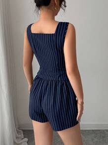 Chiquease 夏季休闲通勤条纹背心和短裤两件套 - 藏蓝色 - 查看 2