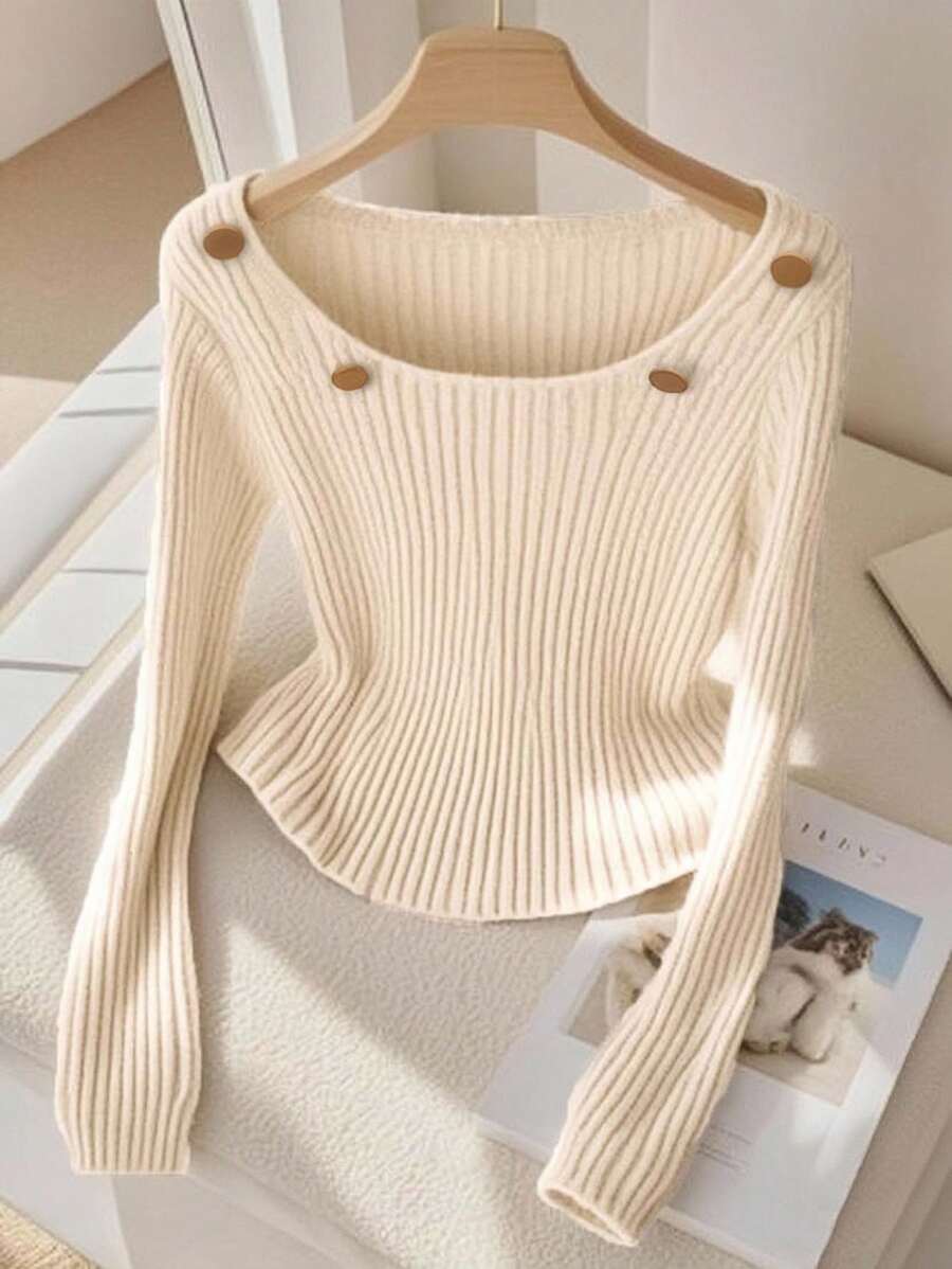 Franclia Damski uniwersalny, minimalistyczny, wszechstronny, elegancki sweter z dzianiny na jesień i zimę - Morela - Zobacz 1
