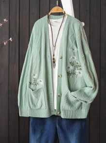EMERY ROSE Plus Size Women Floral Embroidery Sage Green Cardigan,1950s Vintage Fall Winter  Drop Shoulder Long Sleeve Single Breasted Pocket Loose Cardigan - Mint Green - View 4
