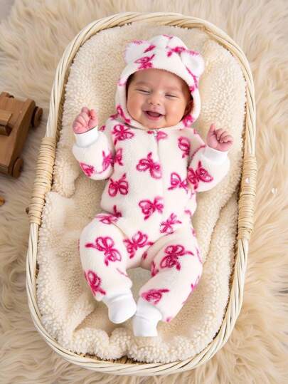 SHEIN 女婴粉色毛绒蝴蝶结长袖连体衣，秋冬款