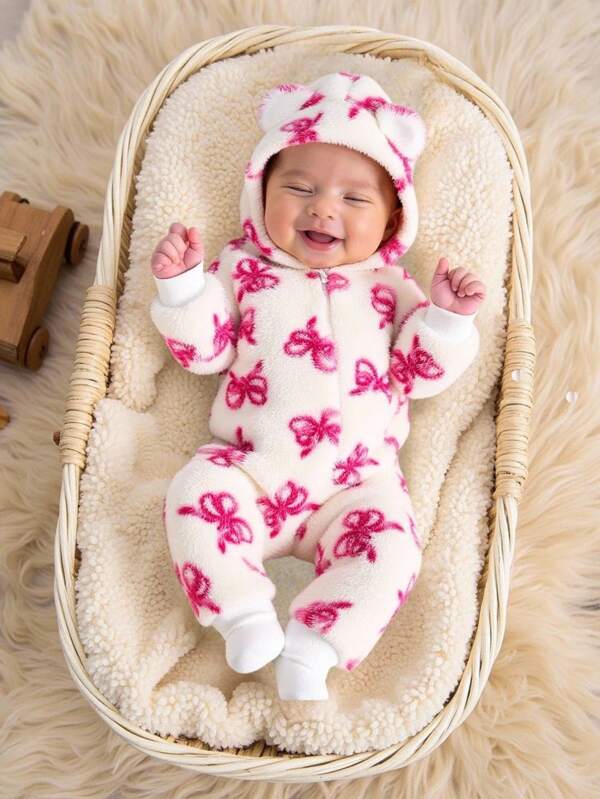 SHEIN 女婴粉色毛绒蝴蝶结长袖连体衣，秋冬款