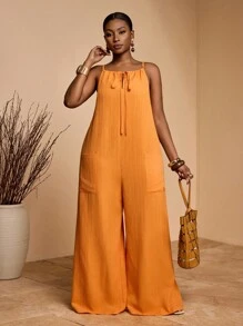 Slaydiva 2025新款独家度假休闲细肩带宽松连体裤，侧开衩，系带 - 橘色 - 查看 6