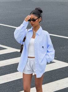 Muchica 女士天蓝色条纹宽松长袖休闲刺绣衬衫 - 藍色 - 查看 5