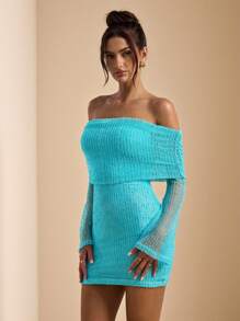 SHEIN BAE Chân váy mini hở một bên vai màu xanh bạc hà, chân váy lưới nhẹ móc cho kỳ nghỉ hè trên bãi biển, váy đi biển thanh lịch - Màu xanh Bạc hà - Xem 5