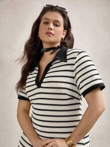 Zelara 大码女式 V 领 Polo 领针织半透明紧身海滩长裙，女士夏季连衣裙，女士教师装，女士夏季装夏季波西米亚风复古款 - 黑與白 - 查看 4
