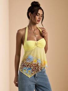 SHEIN BAE Áo crop top cổ yếm in hoa, họa tiết da báo, màu vàng trơn mùa xuân/hè, trang phục đi nghỉ, áo crop top màu vàng/hoa - Màu vàng - Xem 5