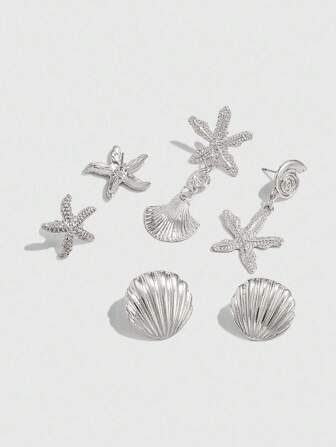 Goth 6pcs Fashionable Minimalist Starfish & Shell Metal Earrings, Suitable For Women's Daily And Vacation Wear, Holiday Gift