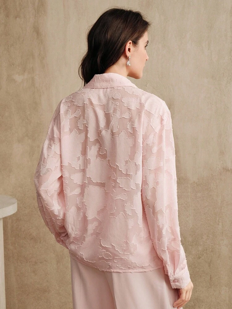 Solid Color 3D Floral Jacquard Beaded Embroidery Drop Shoulder Long Sleeve Shirt