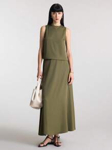 Ontre 夏季女士办公室休闲宽松都市风格，2025 年新款，优雅通勤，军绿色，吊带背心上衣和裙子套装 - 軍綠色 - 查看 8