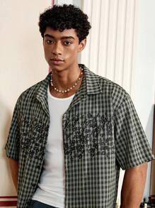 SWAVVY Men's Casual Plaid & English Letter Print Shirt, Summer - Multicolor - View 5