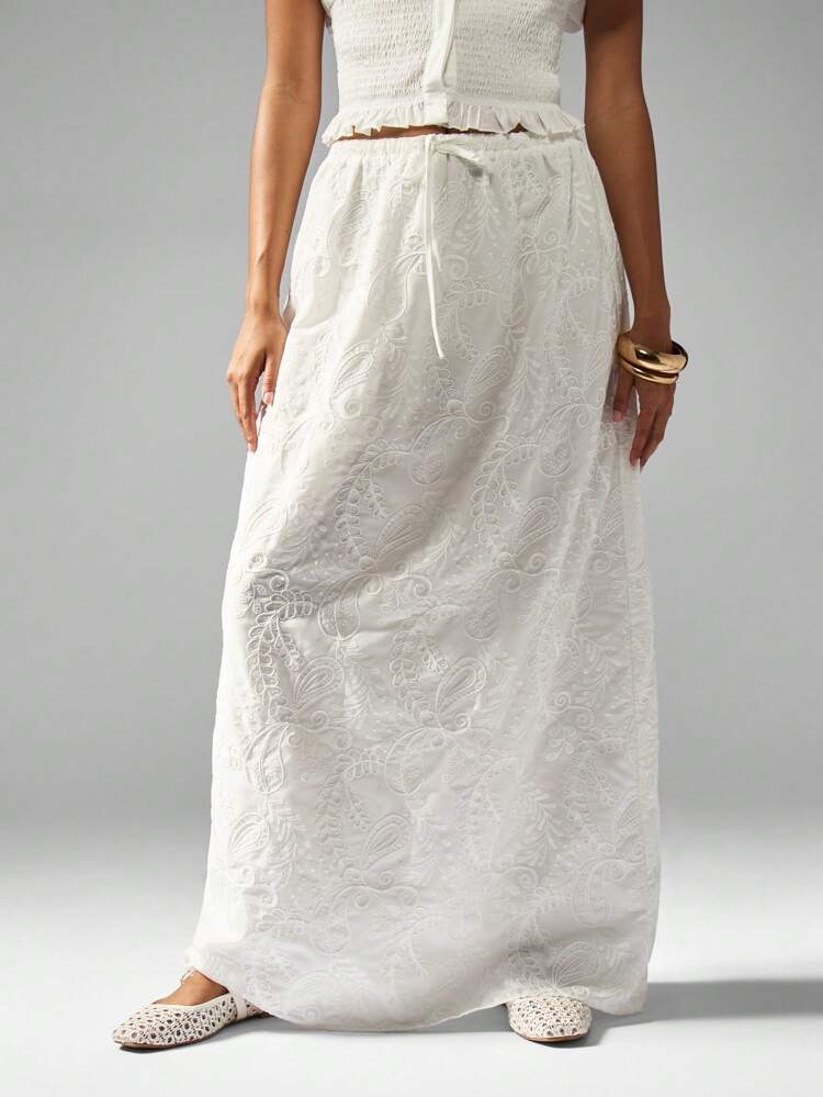 MISSGUIDED Self Fabric Embroidered Maxi Skirt Summer Holiday Resort Wear Floral Beach Vacation Boho Wedding Guest Long Floor Length Skirt