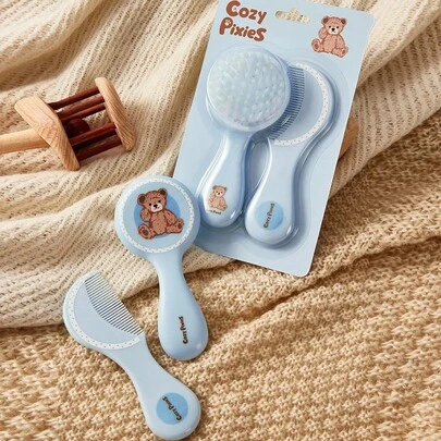 Cozy Pixies 2pcs/Set Baby Newborn Care Tools, Blue Bear & Polka Dot Design Comb & Brush