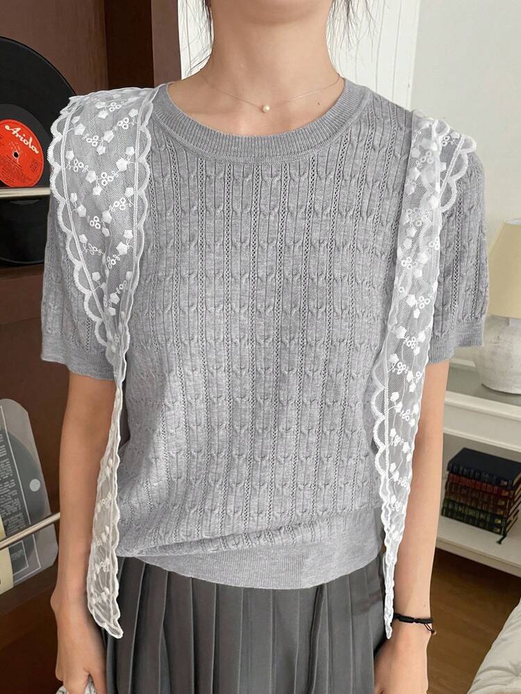 Women's Casual Hollow Lace Shawl Decor Elegant Crochet Pullover Short Sleeve Knit Top, Suitable For Office Wear In Summer