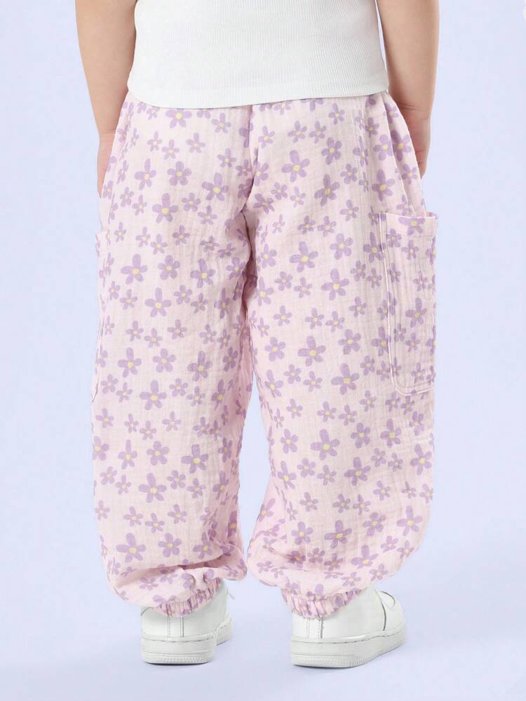 Double Cloth Floral Jogger Pants With Side Pockets