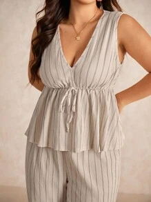 Elaquor 大码休闲度假条纹无袖 A 字型正装衬衫和直筒休闲裤 2 件套 - 杏色 - 查看 4