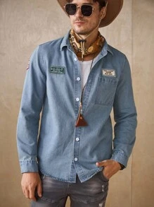 Manfinity Homme Camisa vaquera azul desgastada de corte slim, estilo urbano, para primavera, verano y otoño - Lavado ligero - Ver 2