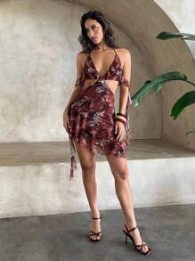 Aloruh Women's Sexy Tie Dye Butterfly Print Deep V-Neck Ruffle Hem Bodycon Mini Dress, Suitable For Spring/Summer Vacation