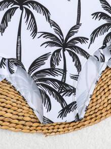 SHEIN 1 件女孩小女孩棕榈树印花细肩带连体泳衣，家庭装妈妈和我（4 件单独出售）