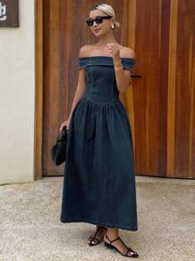 Livesso 女式夏季露肩束腰宽松牛仔连衣裙 - 藍色 - 查看 2