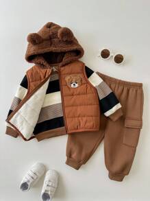SHEIN 3pcs/Set Baby Boy/Girl Casual Cute Khaki Fleece Jacket Vest Outerwear, Khaki & Brown Striped Sweatshirt And Pants Set, Unisex Baby Clothes, Baby Winter Clothes, Halloween Costume Fall
