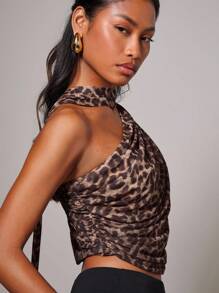 COSMINA Blusa elegante y de moda con hombros fruncidos y estampado de leopardo para mujer - Marrón - Ver 3