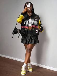 Slaydiva Women's Black Early Autumn Streetwear Everyday Back-To-School Baseball Jacket Retro Slogan Logo Printed Off-The-Shoulder Loose Long-Sleeved Jacket - Black - View 4