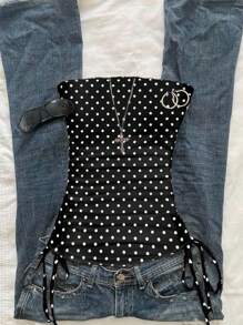 SHEIN EZwear 女式休闲简约 Y2K 黑白波尔卡圆点印花褶饰系带短款上衣 - 彩色 - 查看 1