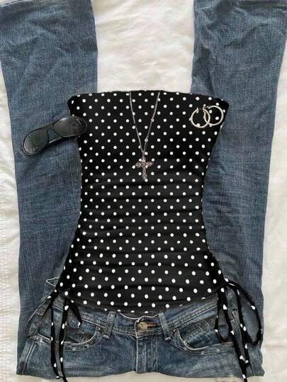 SHEIN EZwear Women's Casual Minimalist Y2K Black & White Polka Dot Print Ruched Tie Front Crop Top Goth Suitable For Going Out,Wrap Top