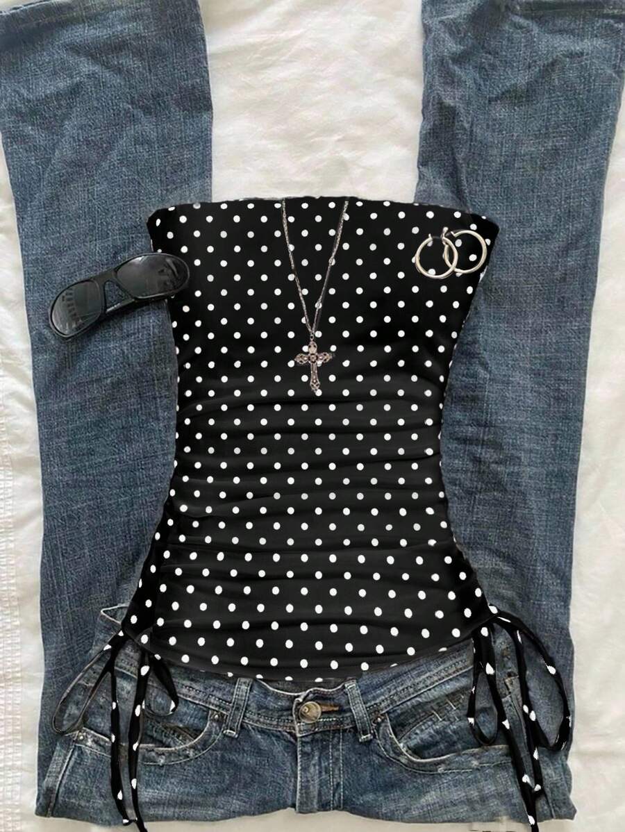 SHEIN EZwear 女式休闲简约 Y2K 黑白波尔卡圆点印花褶饰系带短款上衣 - 彩色 - 查看 1