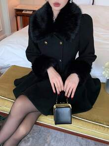 DAZY Women's Elegant Solid Color Collar A-Line Overcoat, Autumn/Winter Jacket - Black - View 6