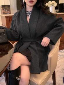 DAZY 女士宽松优雅纯色夹克，适合秋冬季节穿着 - 灰色 - 查看 9