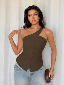 SHEIN Tall Áo ba lỗ hở lưng thanh lịch, đi làm văn phòng, đa năng, có lót dành cho nữ, mùa hè - màu nâu - Xem 6