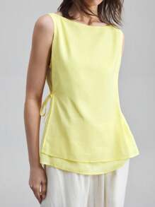 Ontre 2025 女士休闲纯色系带吊带背心，都市通勤，优雅时尚，简约百搭，宽松舒适，蝴蝶结吊带商务休闲衬衫上衣 - 黃色 - 查看 6