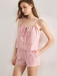 Ocili 休闲女士舒适棉质柔软网眼双层吊带上衣和短裤睡衣套装