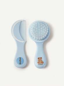 Cozy Pixies 2pcs/Set Baby Newborn Care Tools, Blue Bear & Polka Dot Design Comb & Brush