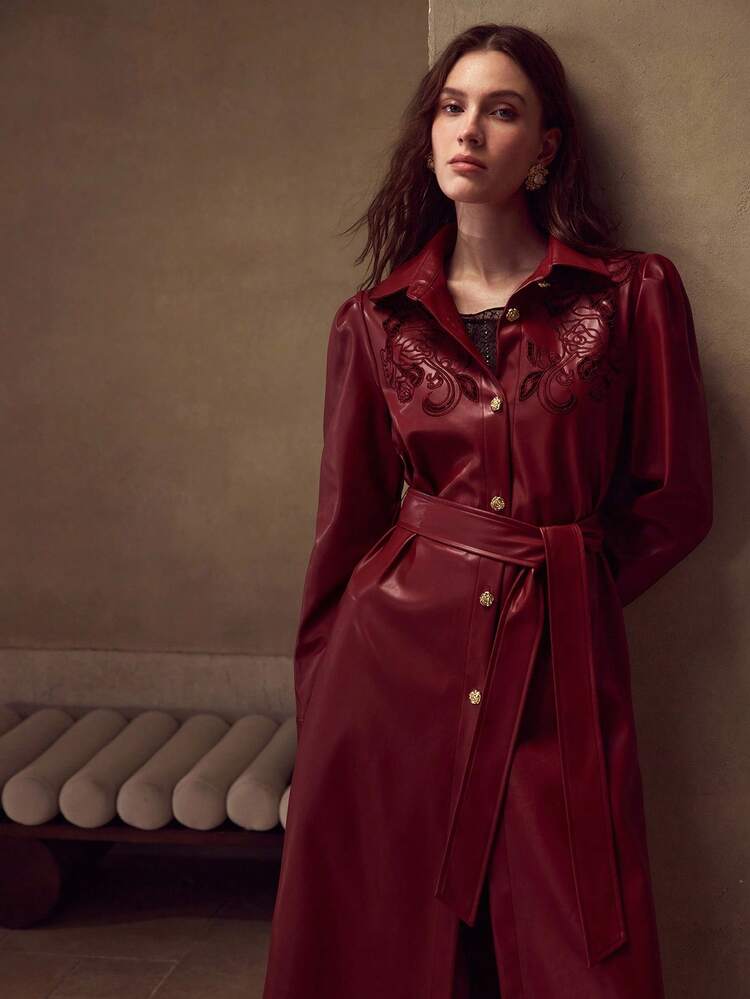 PU LEATHER EMBROIDERY TRENCH COAT